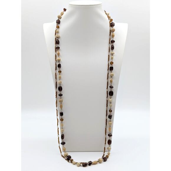 Vintage Double Strand Earth Tones Glass Beaded Chain 36.5" Necklace - Picture 1 of 8
